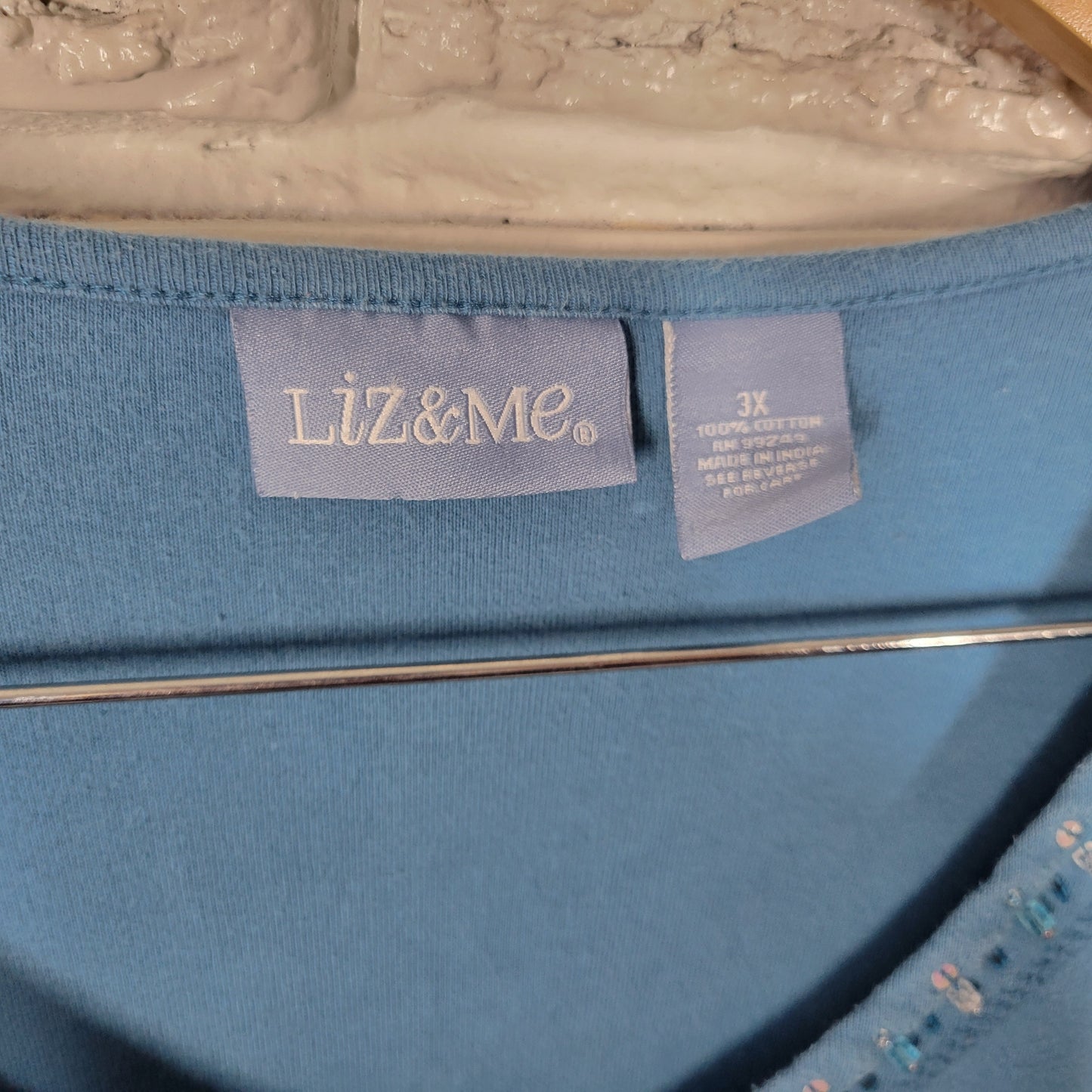 Liz & Me 3X Top Womens Blue Beaded Tunic 100% Cotton V-Neck Long Sleeve BLU238E