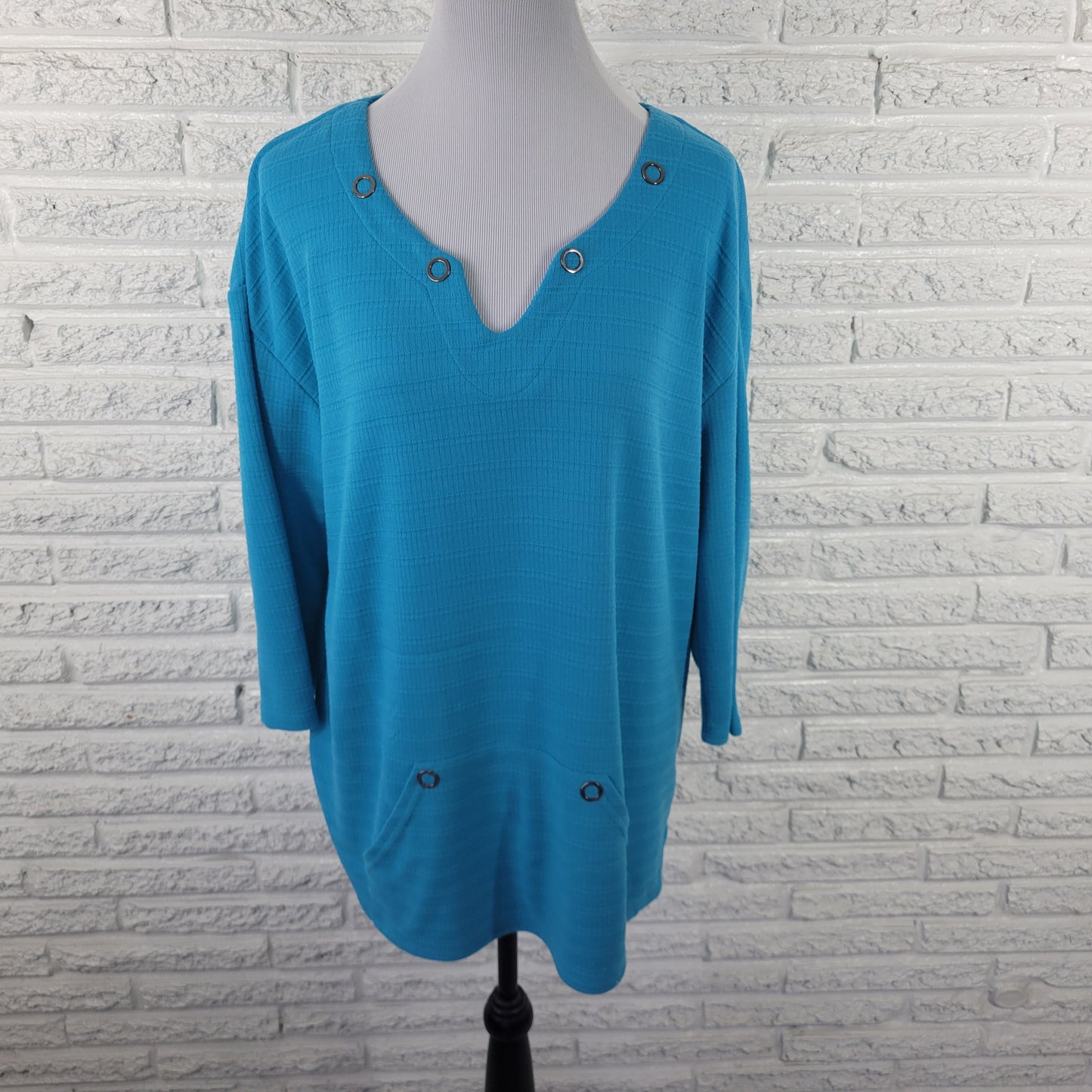 Coral Bay Womens Tunic 1X Blue 3/4 Sleeve V-Neck Knit Blouse Smock BLU201E