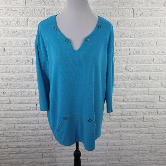 Coral Bay Womens Tunic 1X Blue 3/4 Sleeve V-Neck Knit Blouse Smock BLU201E