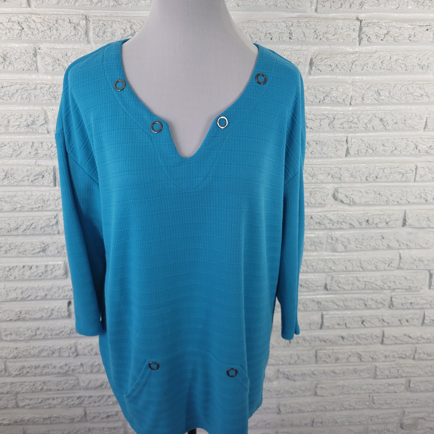 Coral Bay Womens Tunic 1X Blue 3/4 Sleeve V-Neck Knit Blouse Smock BLU201E