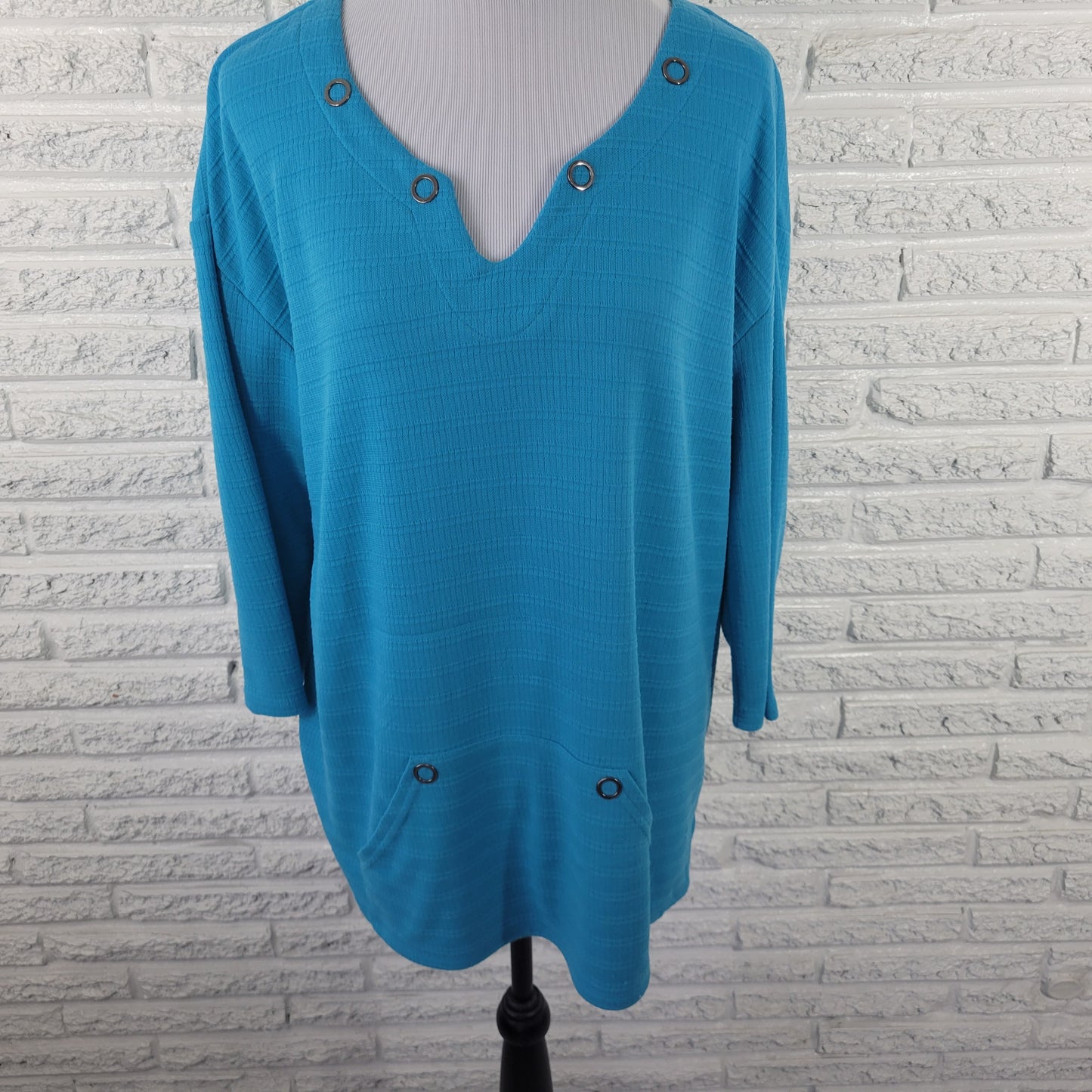 Coral Bay Womens Tunic 1X Blue 3/4 Sleeve V-Neck Knit Blouse Smock BLU201E