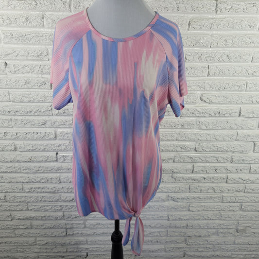 C'est La Vie Women 1X Pink Blue Watercolor Tee Short Sleeve Tie Hem Crew WAT56E