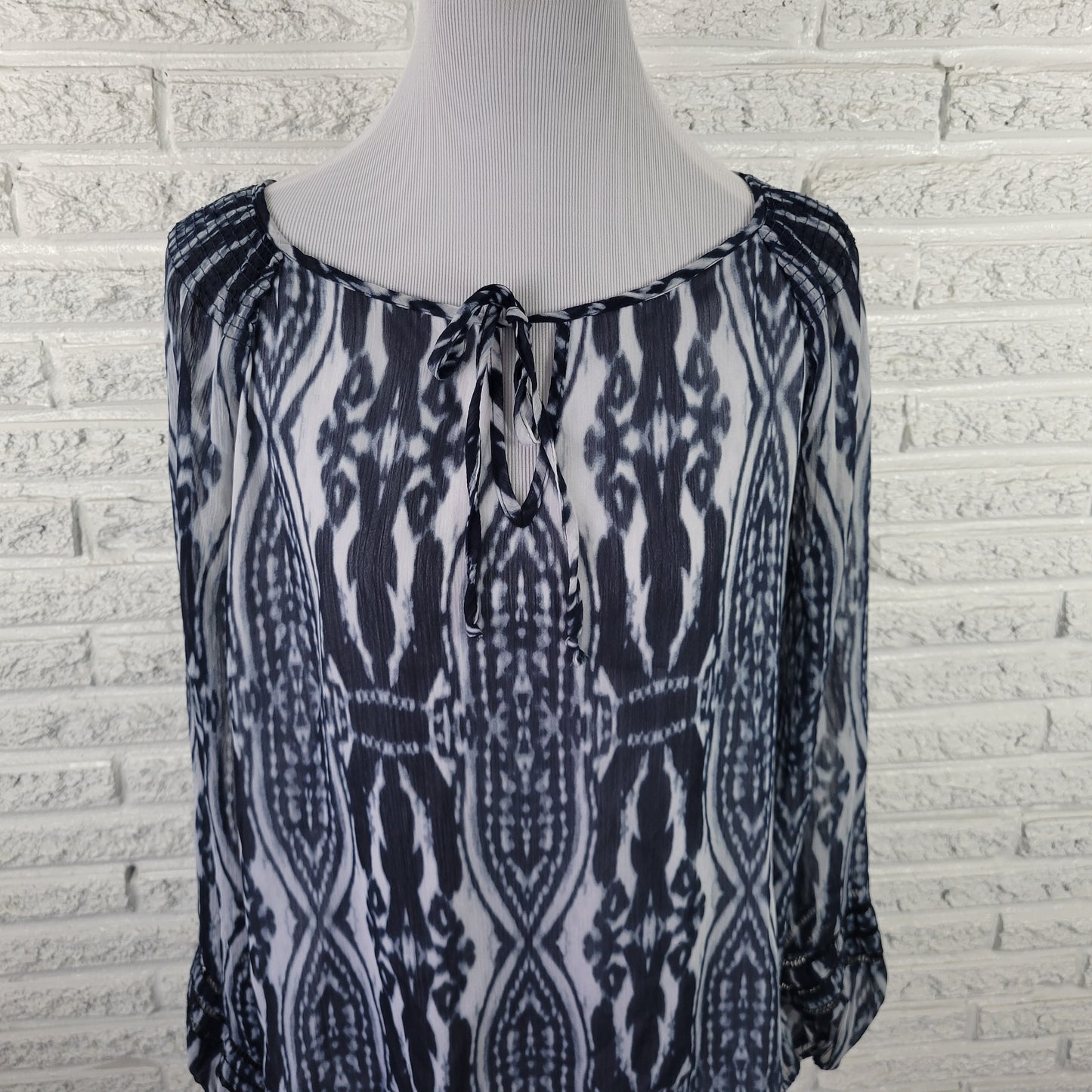 Jones New York XL Top Blue Watercolor Keyhole Blouse Sheer Sleeve Lined WAT1E