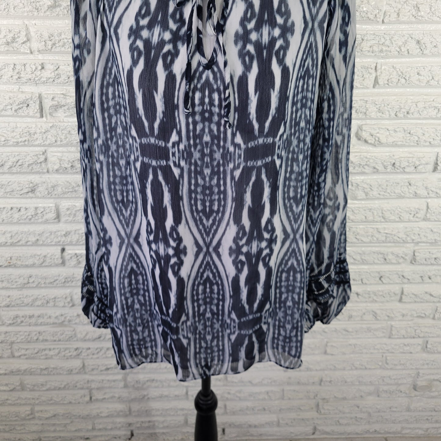 Jones New York XL Top Blue Watercolor Keyhole Blouse Sheer Sleeve Lined WAT1E