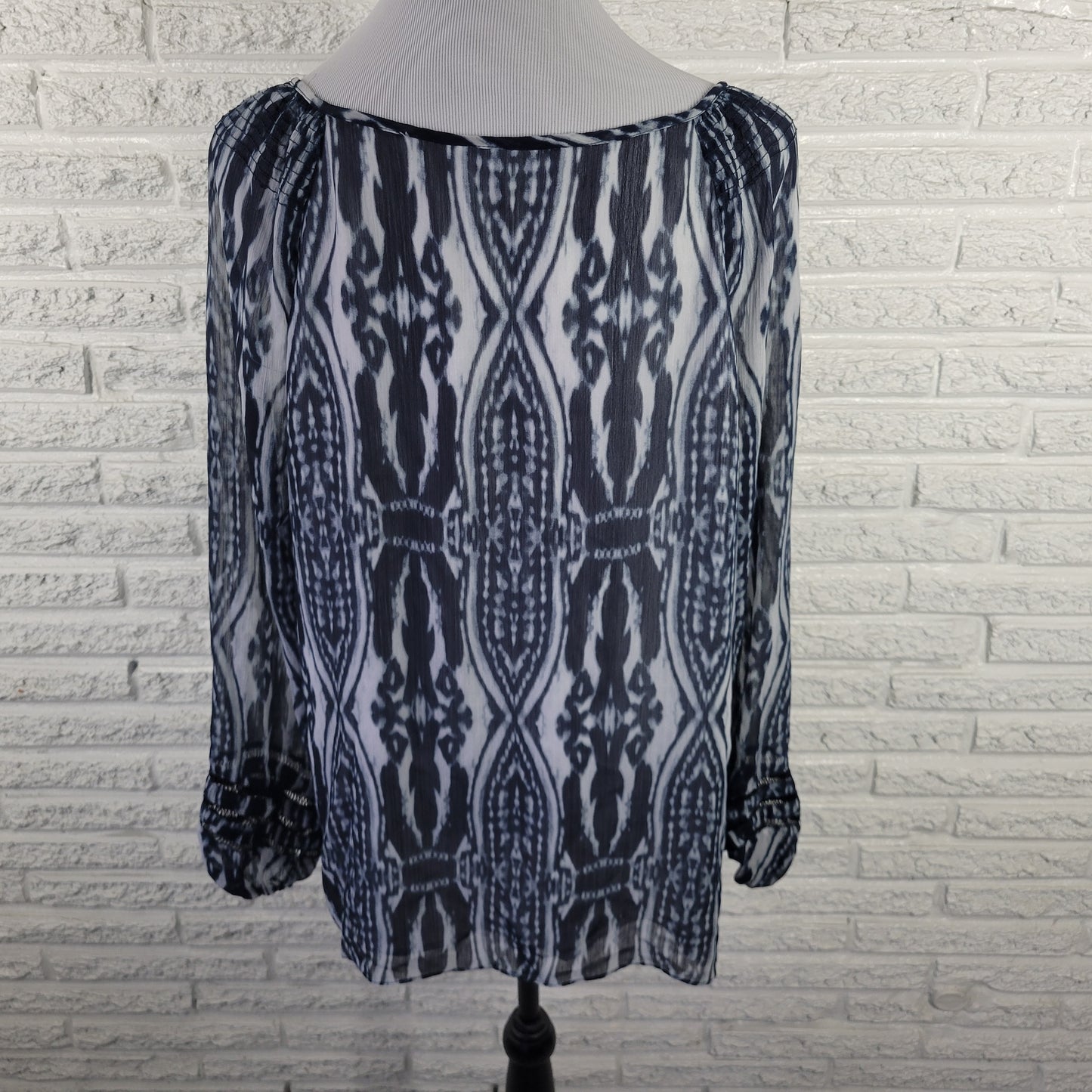 Jones New York XL Top Blue Watercolor Keyhole Blouse Sheer Sleeve Lined WAT1E