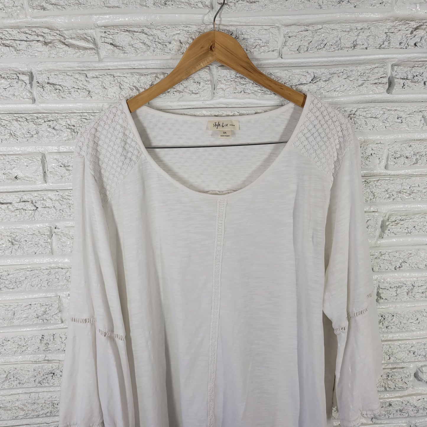 Style & Co Women's 3X Top White 100% Cotton 3/4 Bell Sleeve Pullover WHI38E
