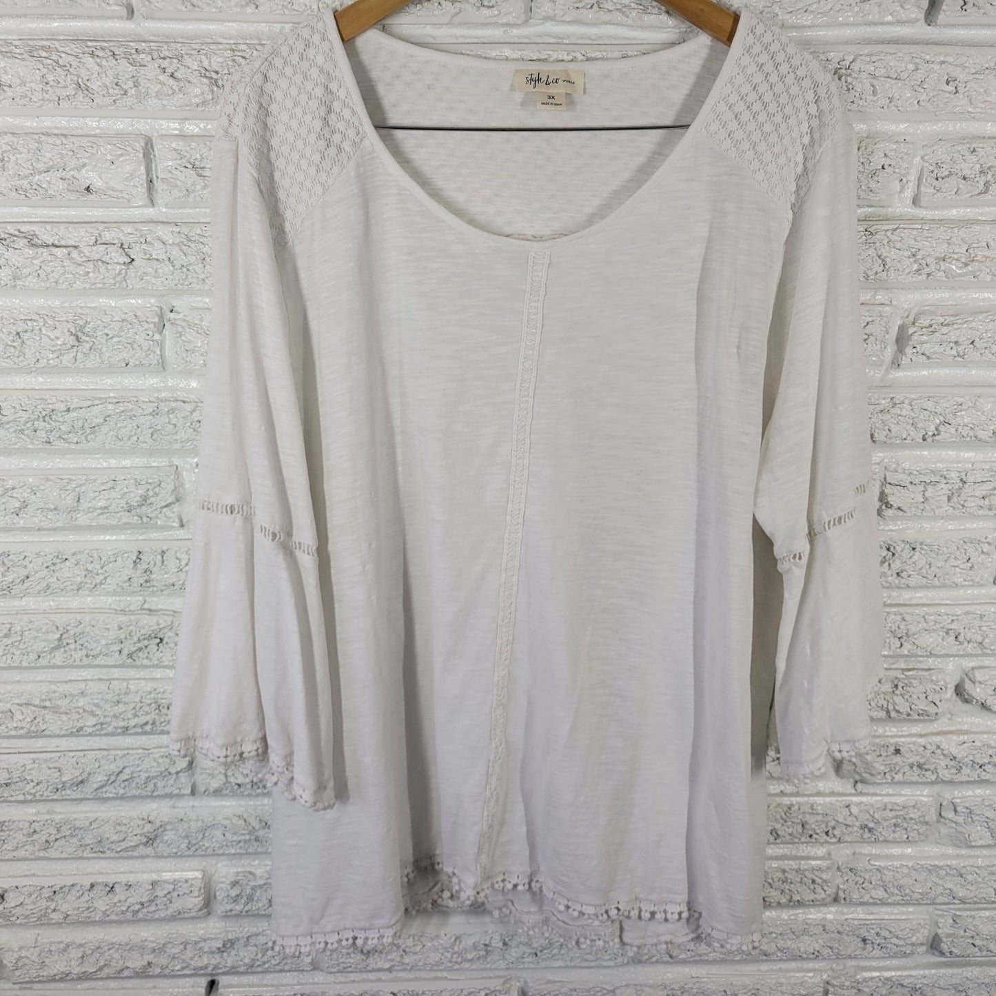 Style & Co Women's 3X Top White 100% Cotton 3/4 Bell Sleeve Pullover WHI38E