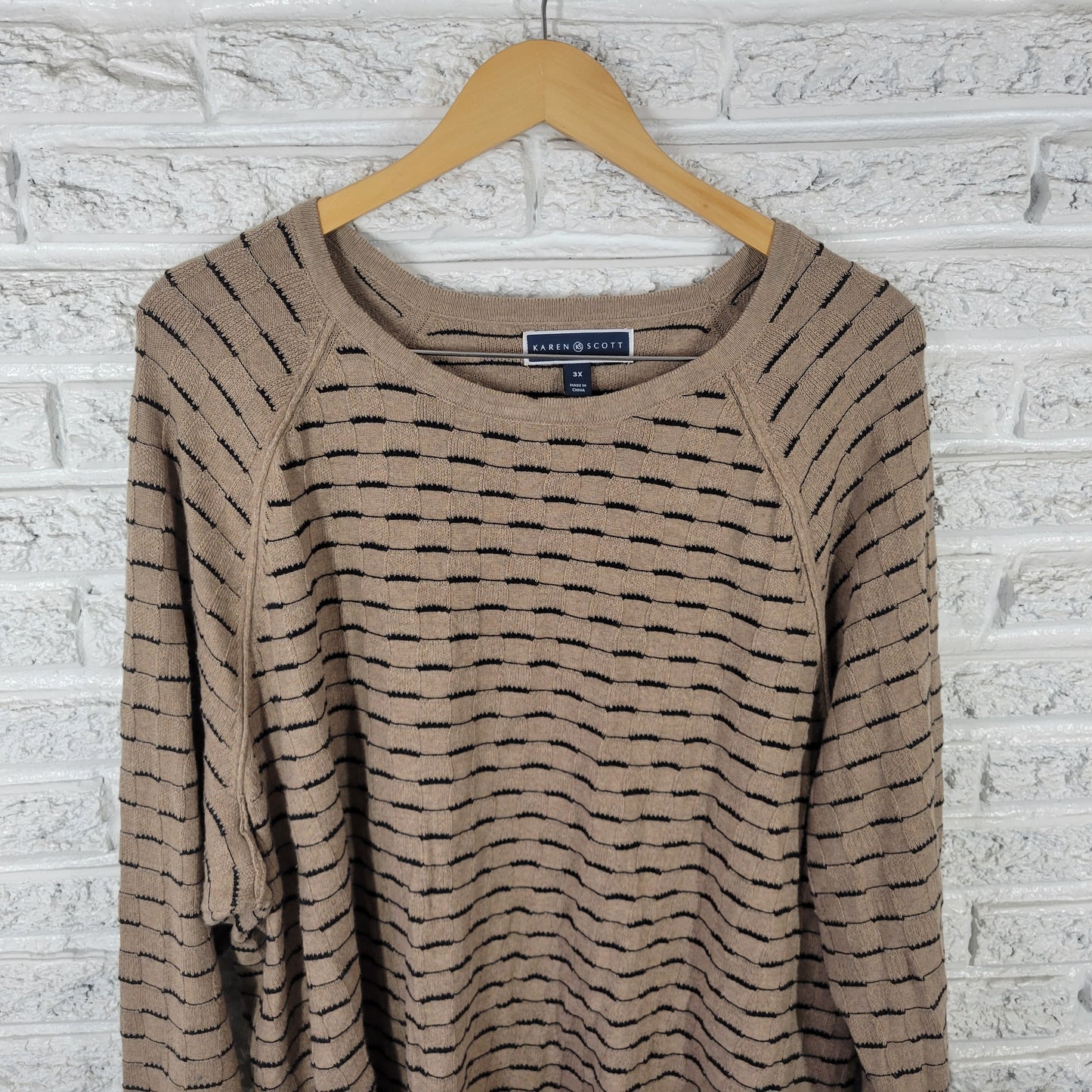 Karen Scott Women's 3X Sweater Tan Black Geometric Square 100% Cotton BRO25E