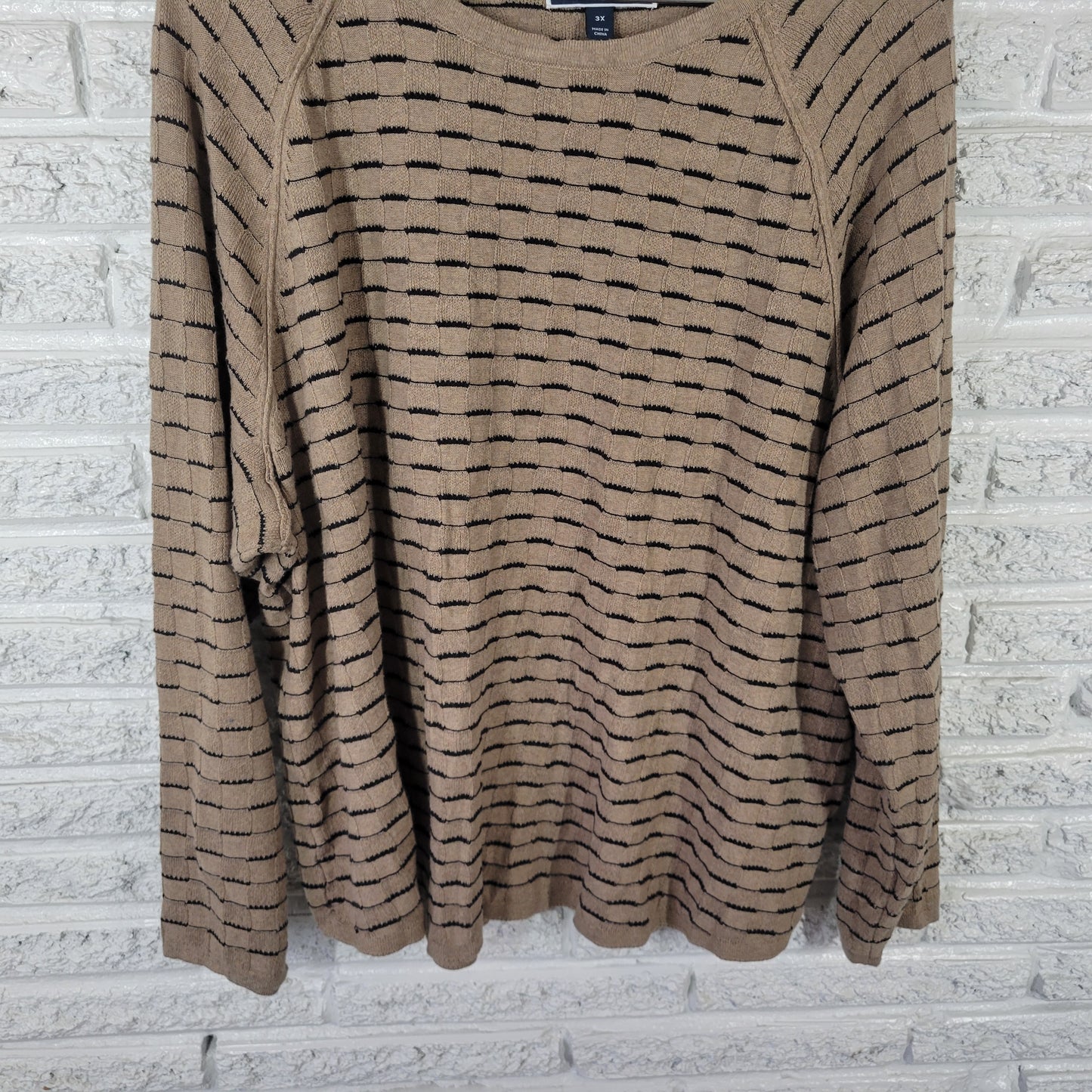 Karen Scott Women's 3X Sweater Tan Black Geometric Square 100% Cotton BRO25E