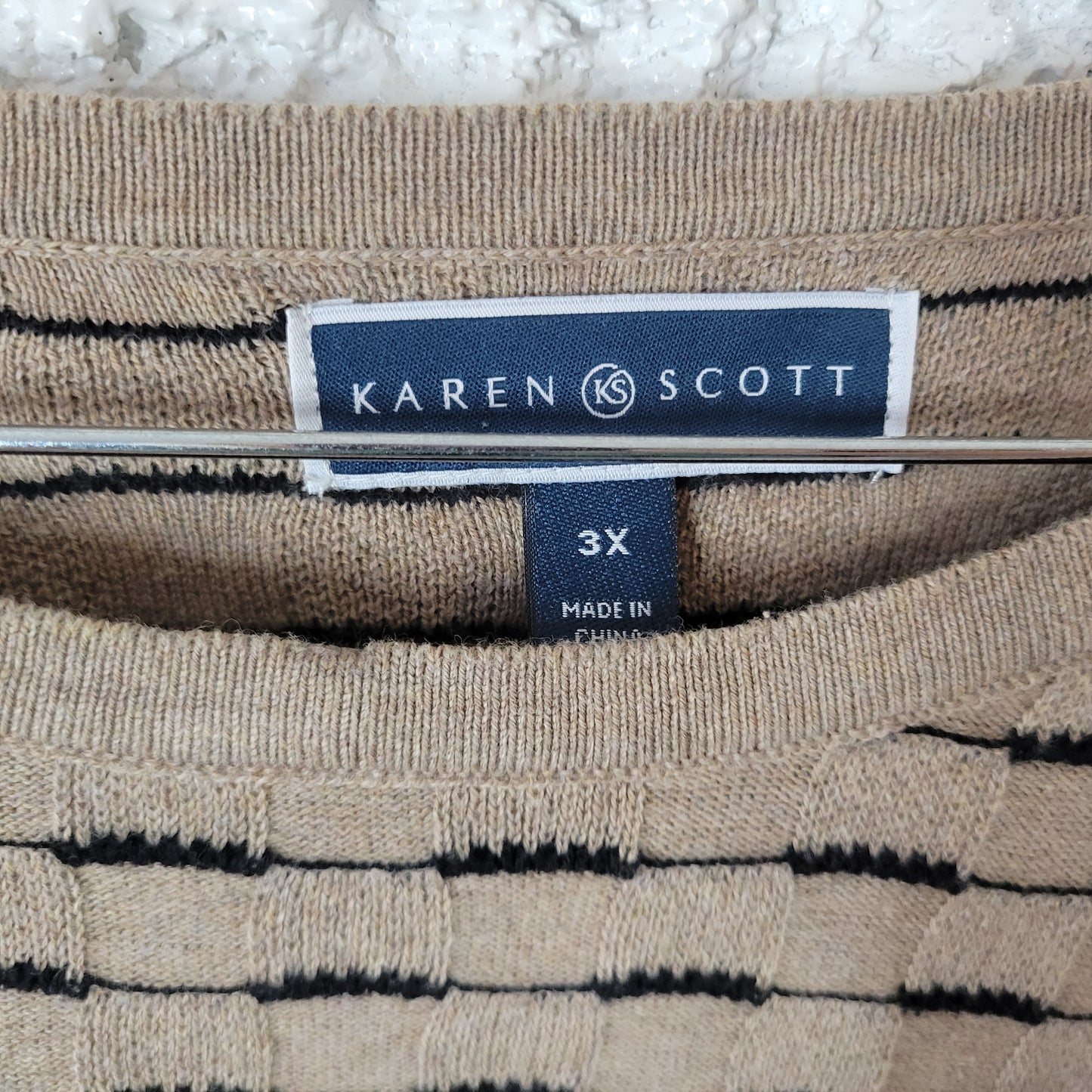Karen Scott Women's 3X Sweater Tan Black Geometric Square 100% Cotton BRO25E
