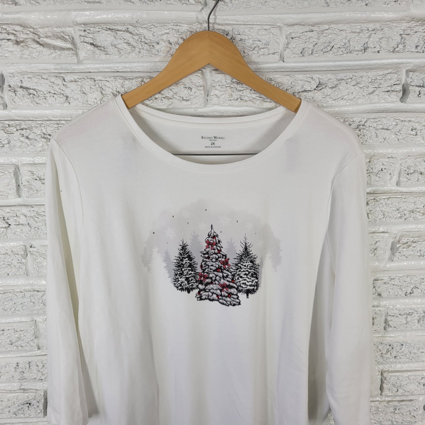 Studio Works Women's 2X Christmas Tree Tee White 100% Cotton WHI2E
