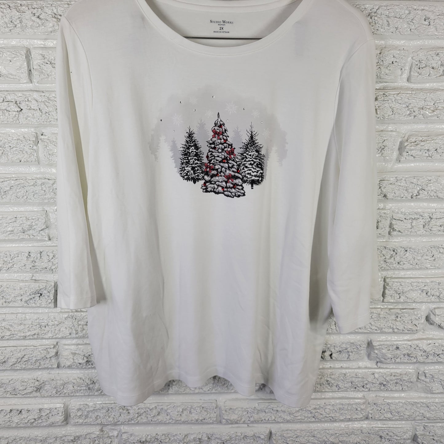 Studio Works Women's 2X Christmas Tree Tee White 100% Cotton WHI2E