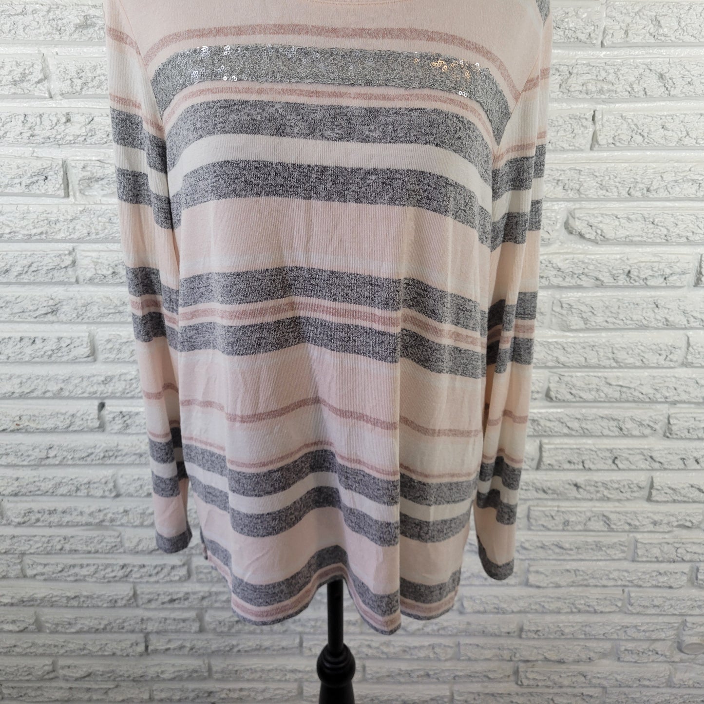 CJ Banks Womens 1X Knit Top Gray Tan Striped Sequin Long Sleeve Plus STR168XE