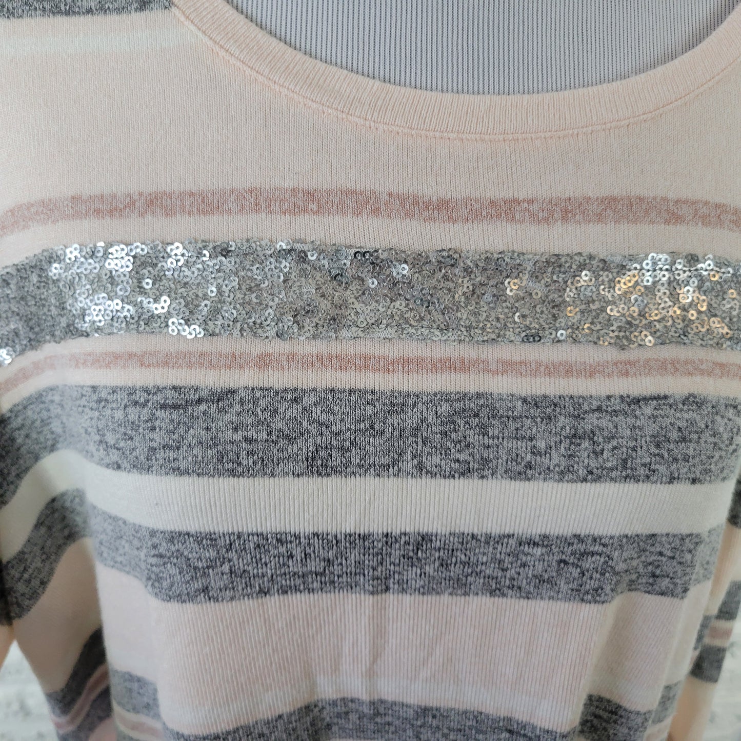 CJ Banks Womens 1X Knit Top Gray Tan Striped Sequin Long Sleeve Plus STR168XE