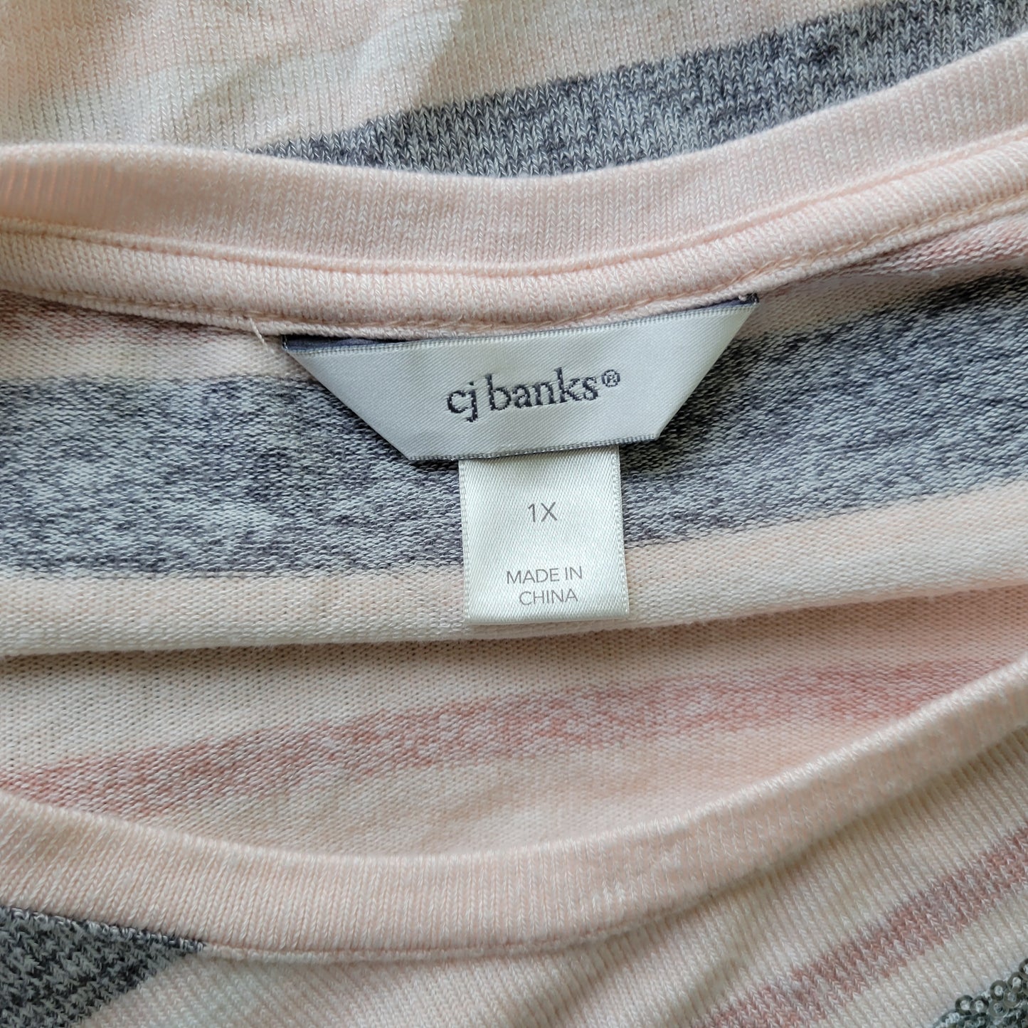 CJ Banks Womens 1X Knit Top Gray Tan Striped Sequin Long Sleeve Plus STR168XE