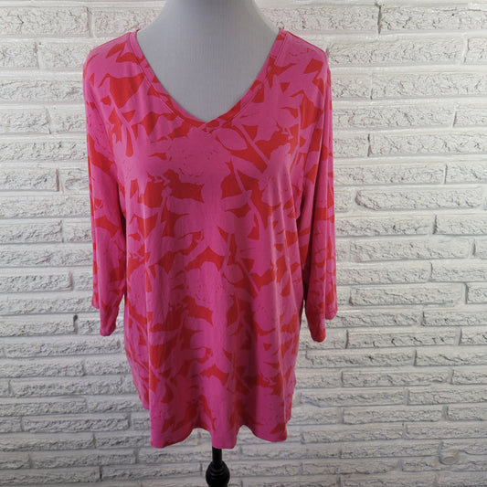 Belle by Kim Gravel Women's XL Pink Red Floral V-Neck 3/4 Sleeve Knit Top FLO46E