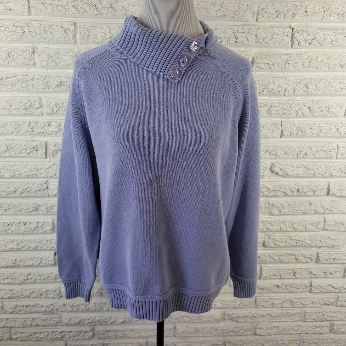 Karen Scott Women's 1X Sweater Blue Turtleneck 100% Cotton Deco Button SWE77E