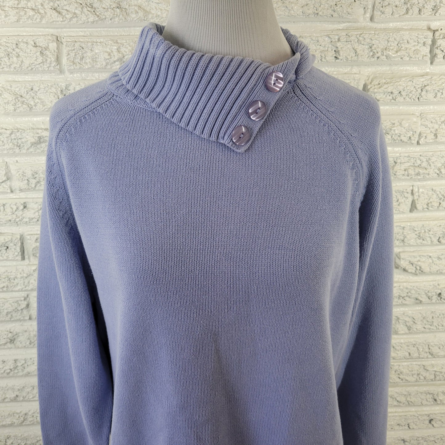 Karen Scott Women's 1X Sweater Blue Turtleneck 100% Cotton Deco Button SWE77E