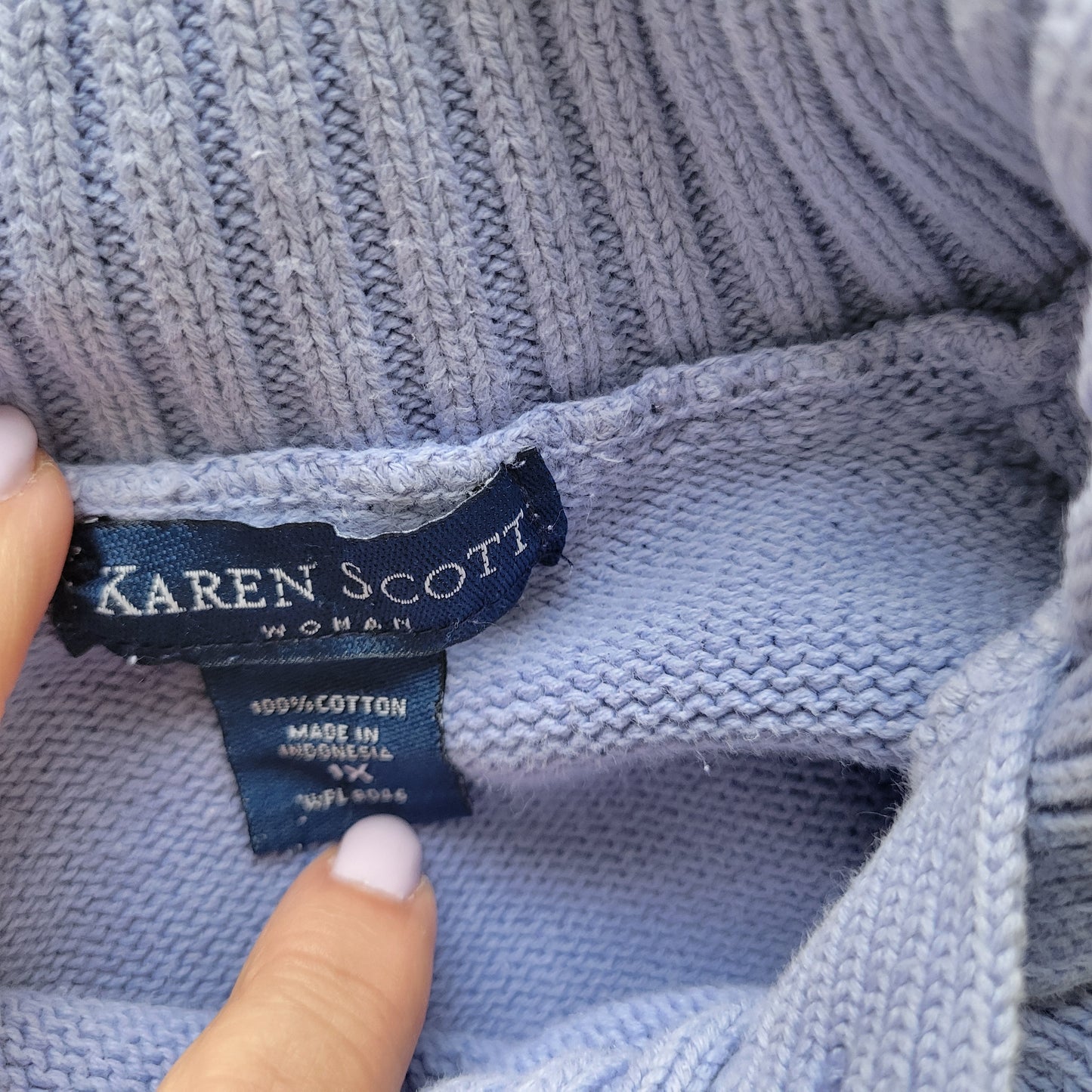 Karen Scott Women's 1X Sweater Blue Turtleneck 100% Cotton Deco Button SWE77E