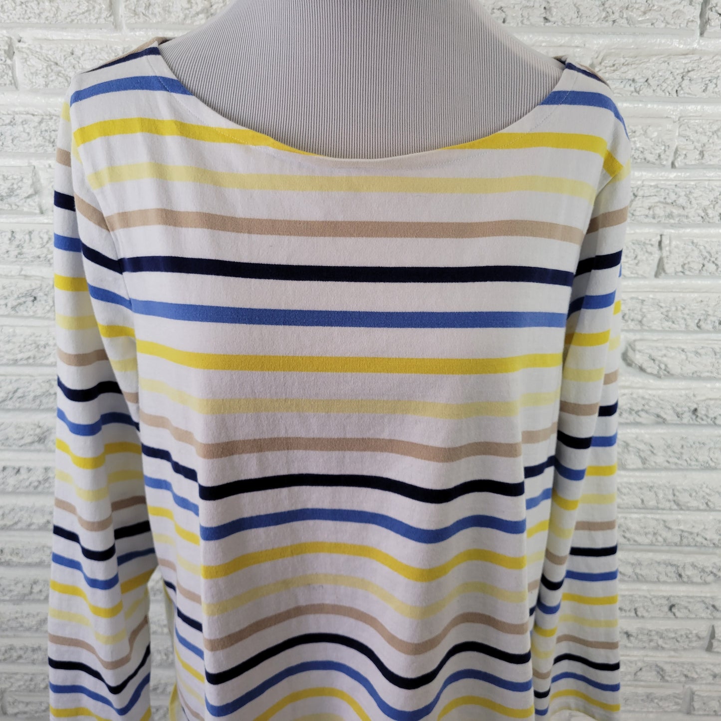Talbots Women's 1X Top Blue Yellow Striped 100% Cotton Long Sleeve STR148E