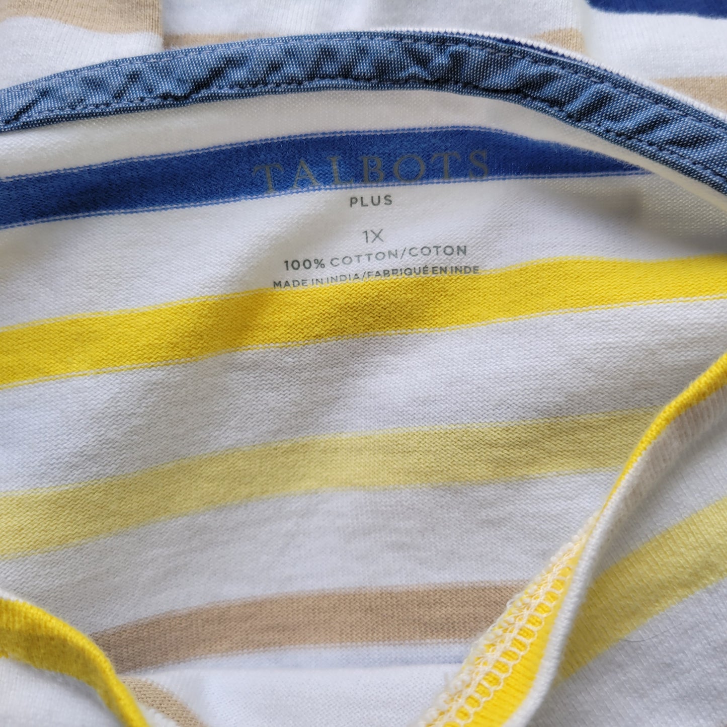 Talbots Women's 1X Top Blue Yellow Striped 100% Cotton Long Sleeve STR148E