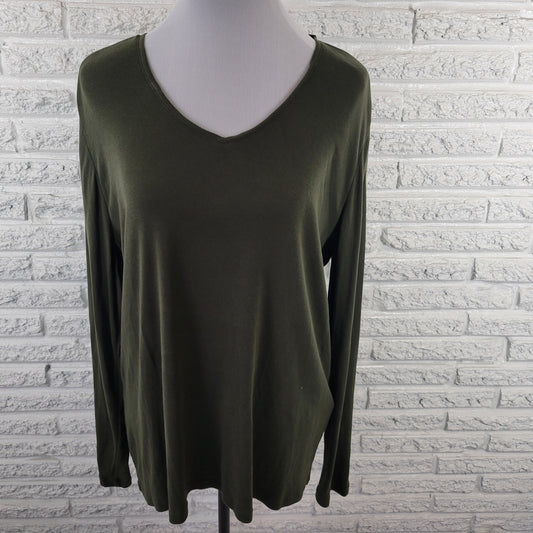 Chico's Women's XL Green Tee V-Neck Long Sleeve 100% Cotton Pullover GRE52E