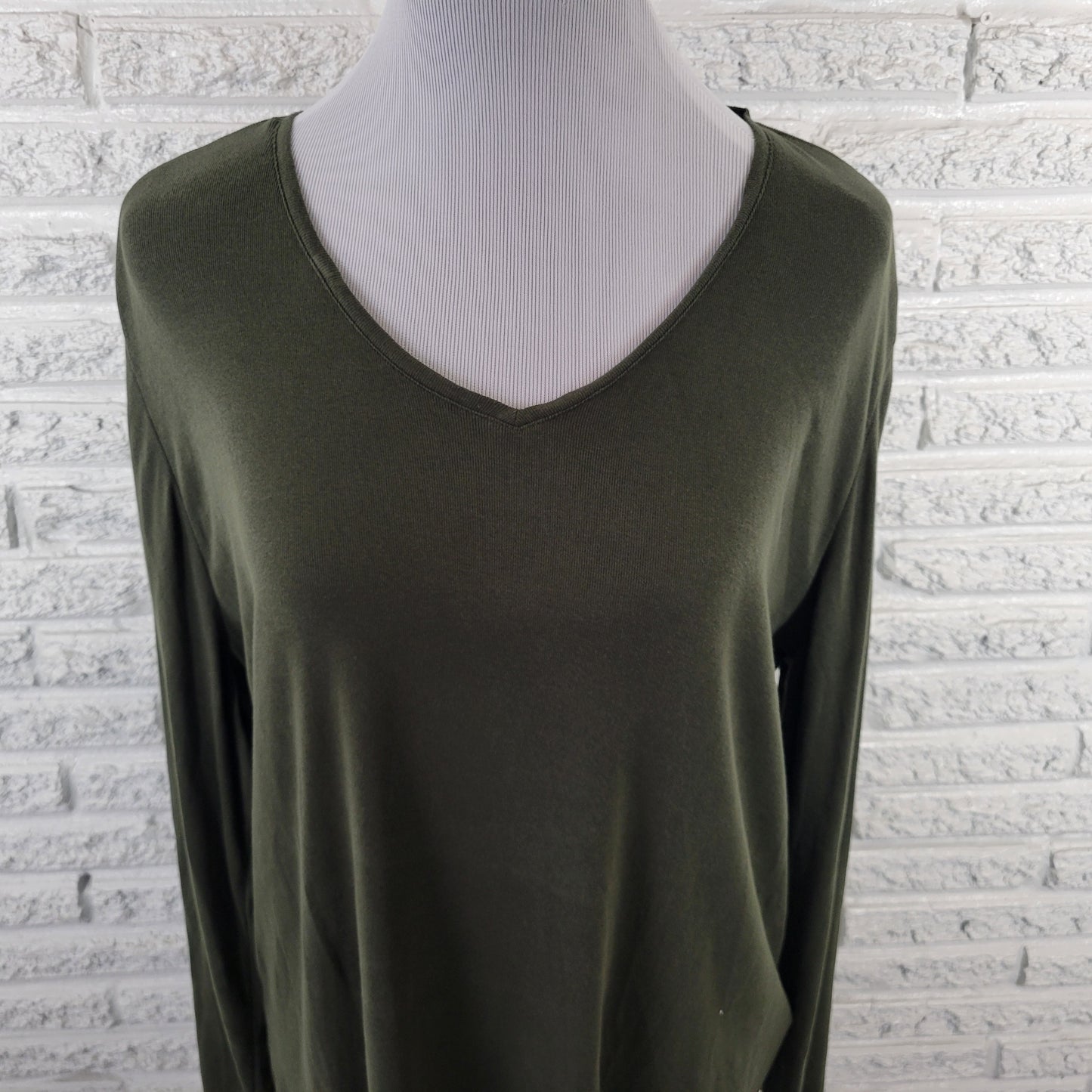 Chico's Women's XL Green Tee V-Neck Long Sleeve 100% Cotton Pullover GRE52E