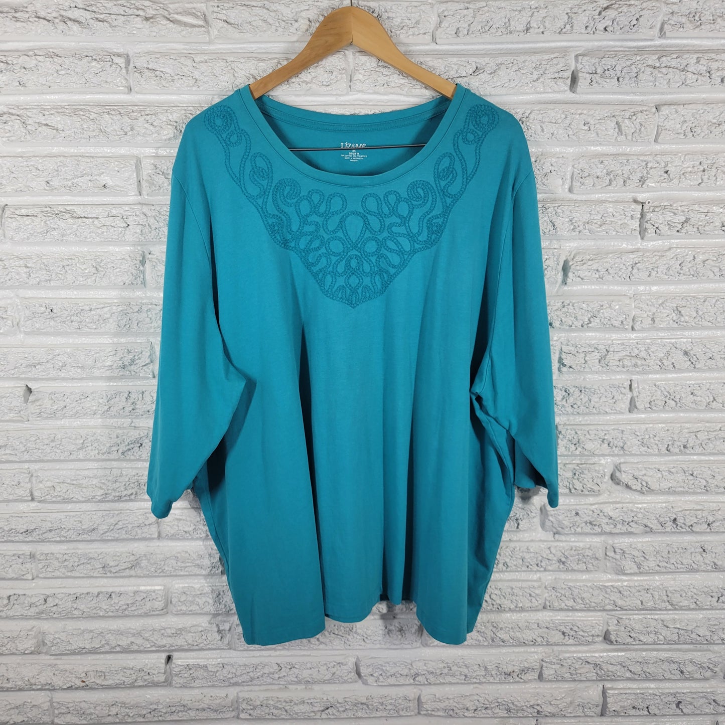 Liz & Me Women’s 3X Top Blue Embroidered 3/4 Sleeve Cotton Stretch BLU191E