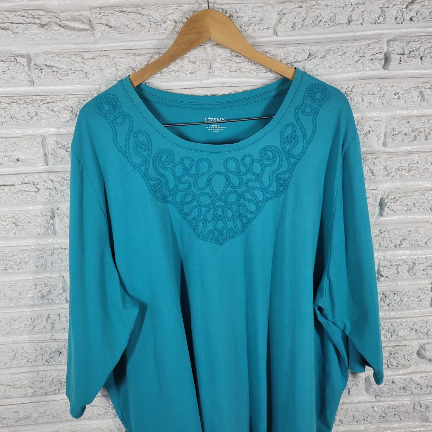 Liz & Me Women’s 3X Top Blue Embroidered 3/4 Sleeve Cotton Stretch BLU191E