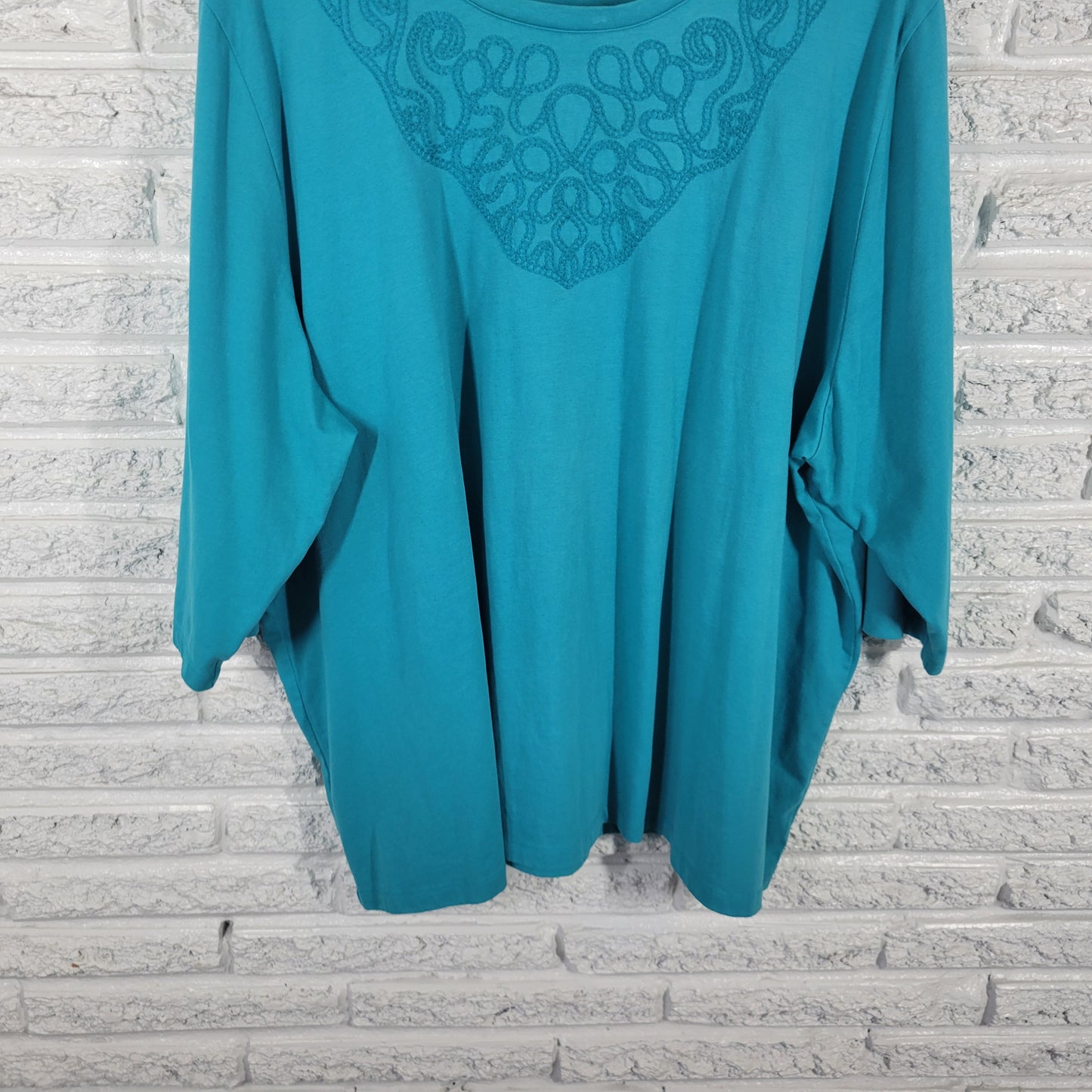 Liz & Me Women’s 3X Top Blue Embroidered 3/4 Sleeve Cotton Stretch BLU191E