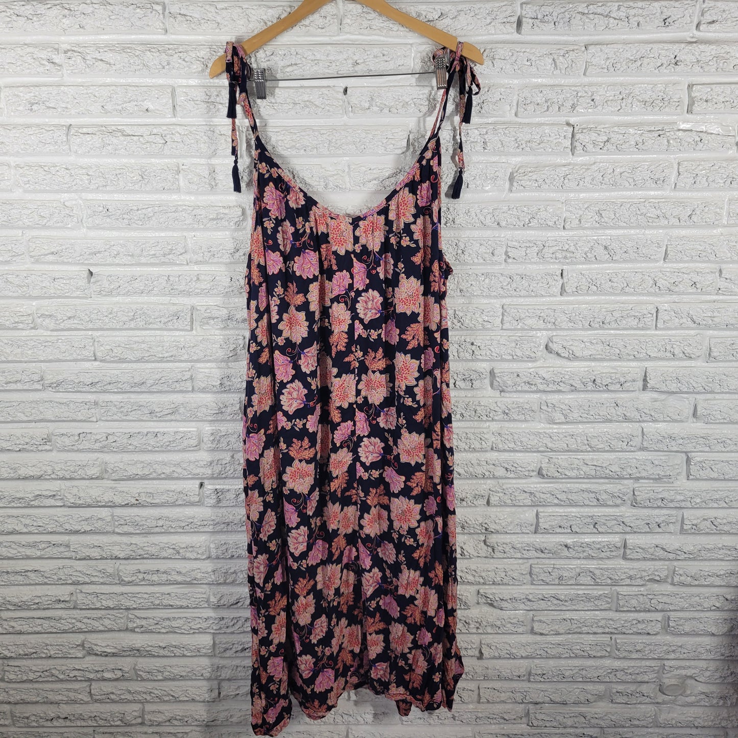 Old Navy Women’s XXL Blue Pink Floral Midi Slip Dress Sleeveless Slit FLO87E