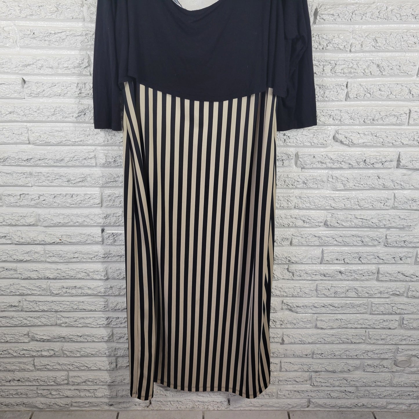 Ashley Stewart Dress 22/24 Black Striped Midi Cold Shoulder 3/4 Sleeve STR92E