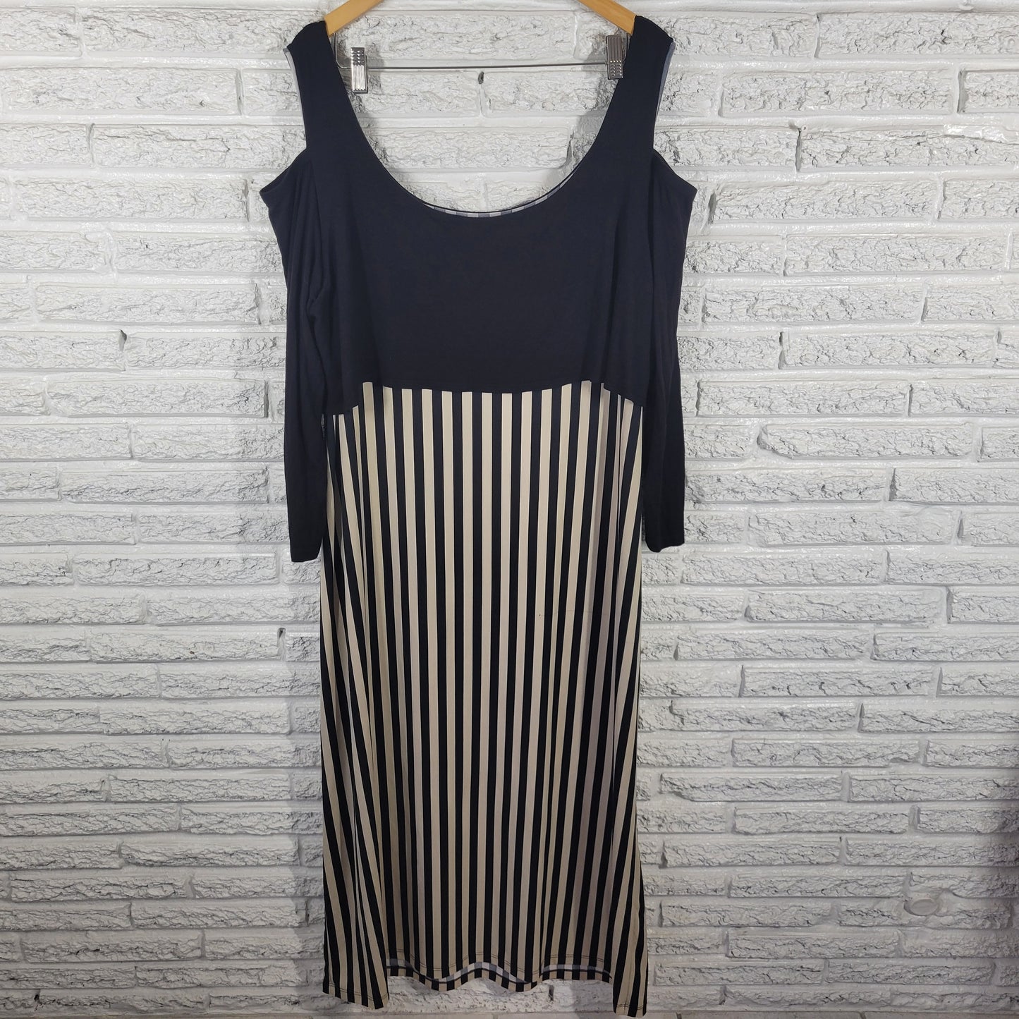 Ashley Stewart Dress 22/24 Black Striped Midi Cold Shoulder 3/4 Sleeve STR92E