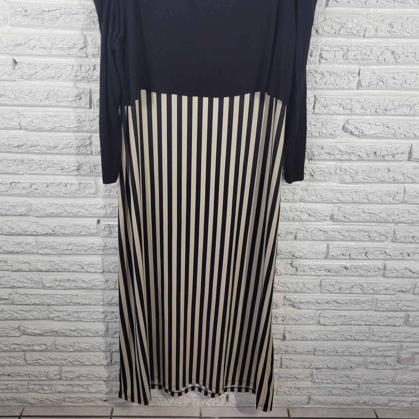 Ashley Stewart Dress 22/24 Black Striped Midi Cold Shoulder 3/4 Sleeve STR92E