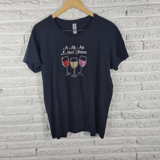 Gildan Womens Black Wine Glass Tee XL Rhinestone Sparkle Short Sleeve BLA135E