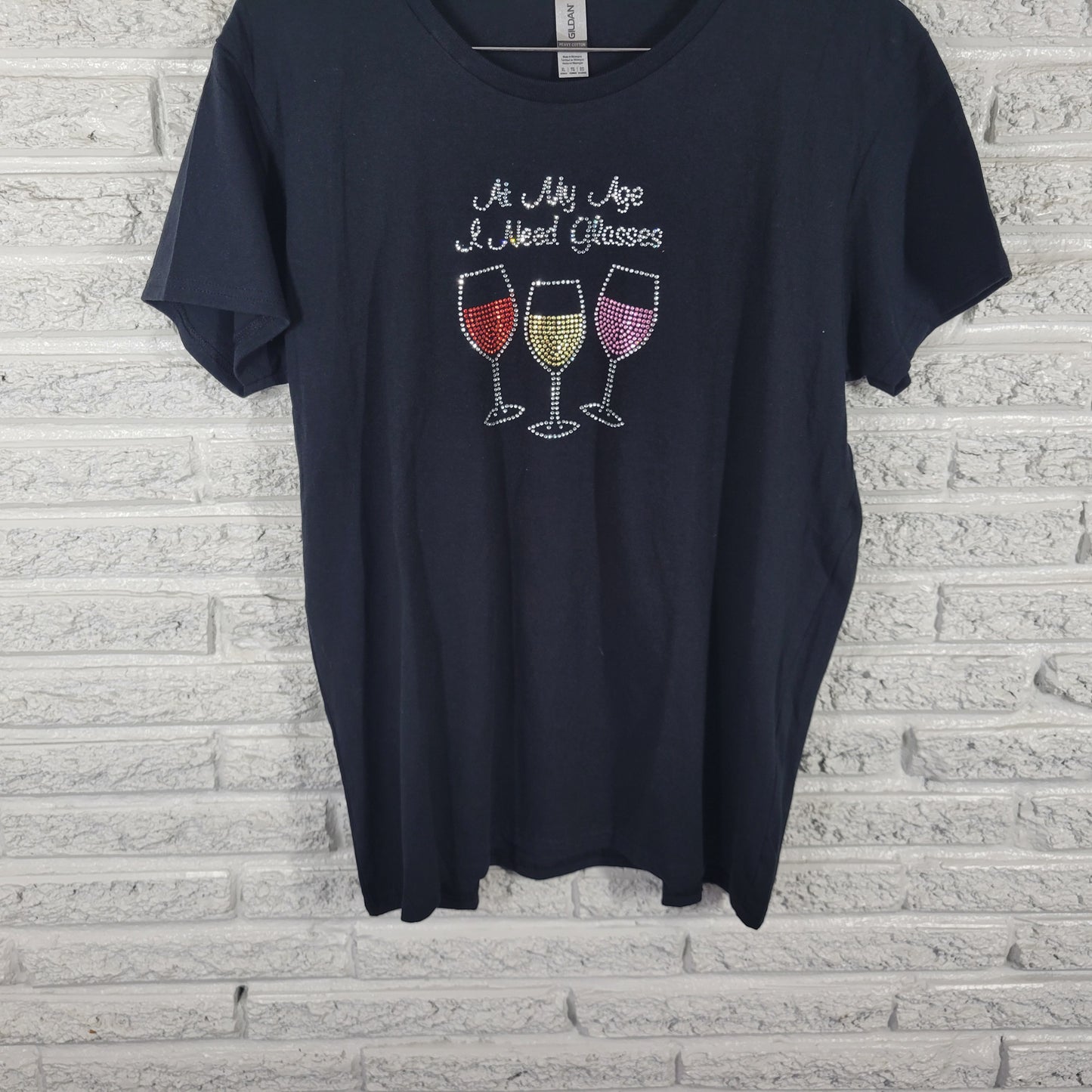 Gildan Womens Black Wine Glass Tee XL Rhinestone Sparkle Short Sleeve BLA135E