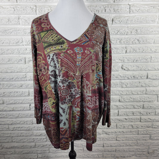 Ulla Popken Women's Top 16/18 Burgundy Green Geometric Glitter V-Neck GEO248E