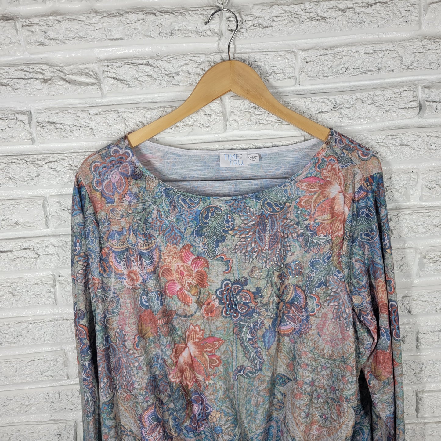 Time & Tru Women's XXXL 22 Top Floral Rhinestone Long Sleeve Plus FLO234E