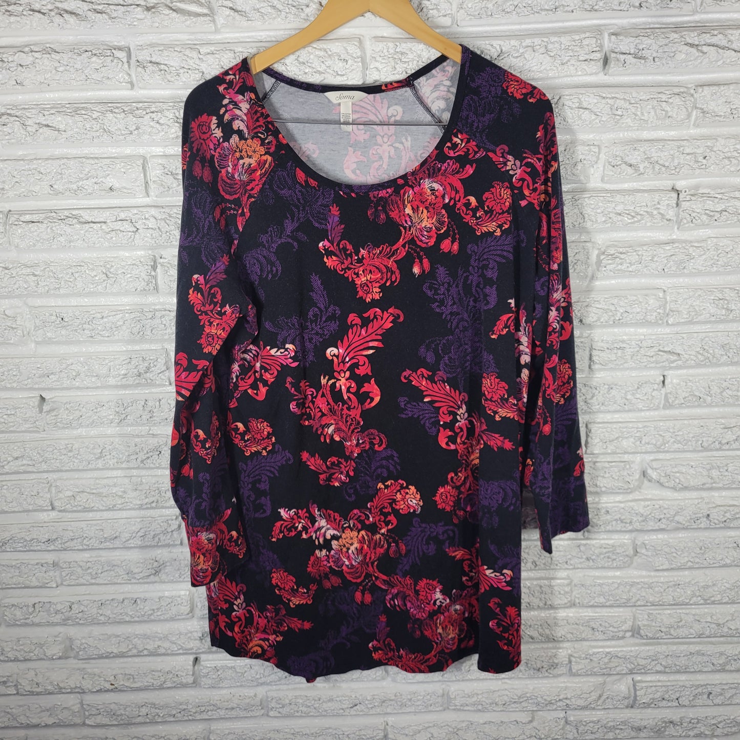Soma Women's XL Floral Tunic Top Black Purple Red Cotton Blend FLO111E