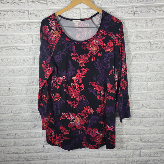 Soma Women's XL Floral Tunic Top Black Purple Red Cotton Blend FLO111E