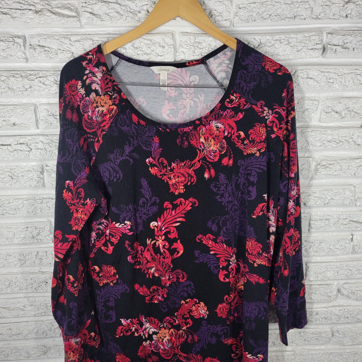 Soma Women's XL Floral Tunic Top Black Purple Red Cotton Blend FLO111E