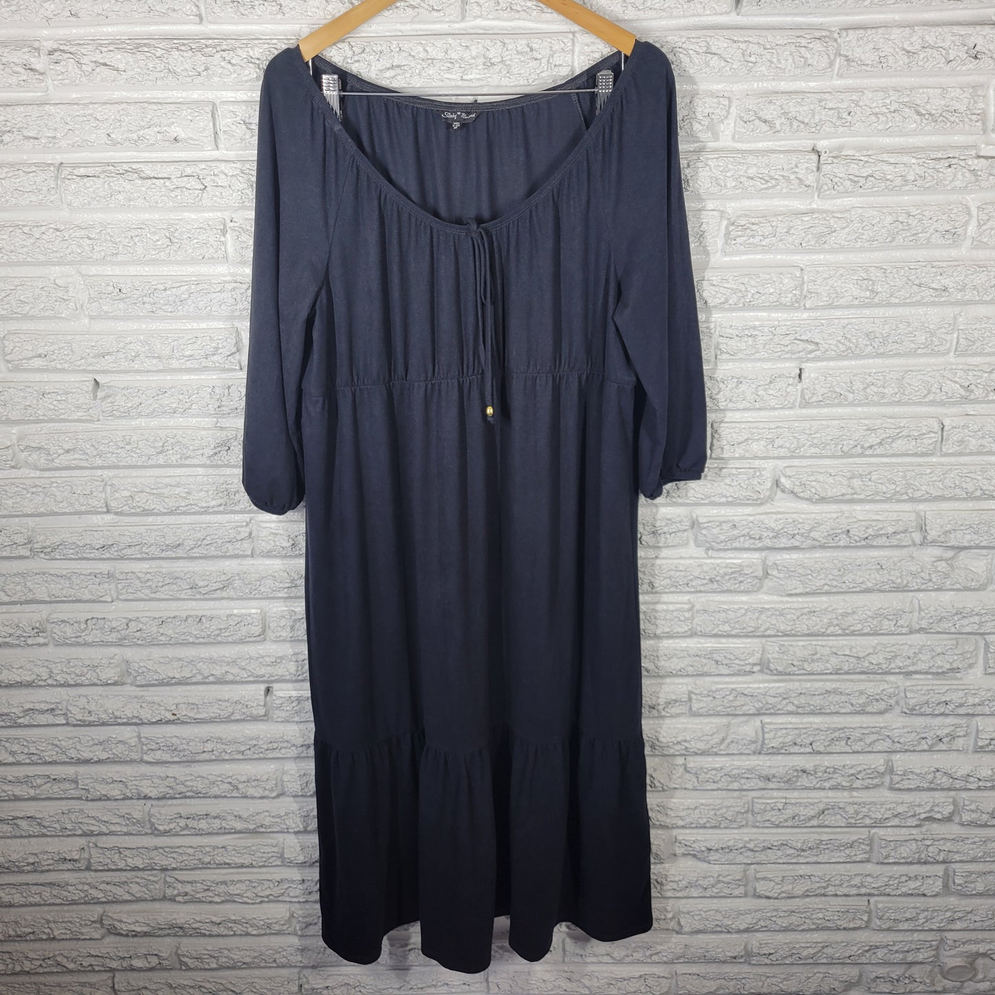 Slinky Brand Dress 1X Black Ruffle Boat Neck 3/4 Sleeve Midi Travel BLA120E