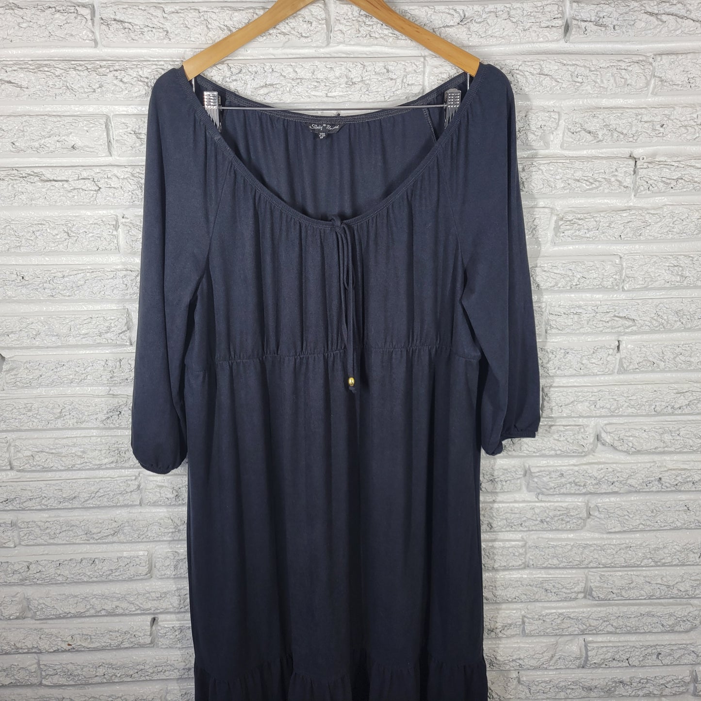 Slinky Brand Dress 1X Black Ruffle Boat Neck 3/4 Sleeve Midi Travel BLA120E