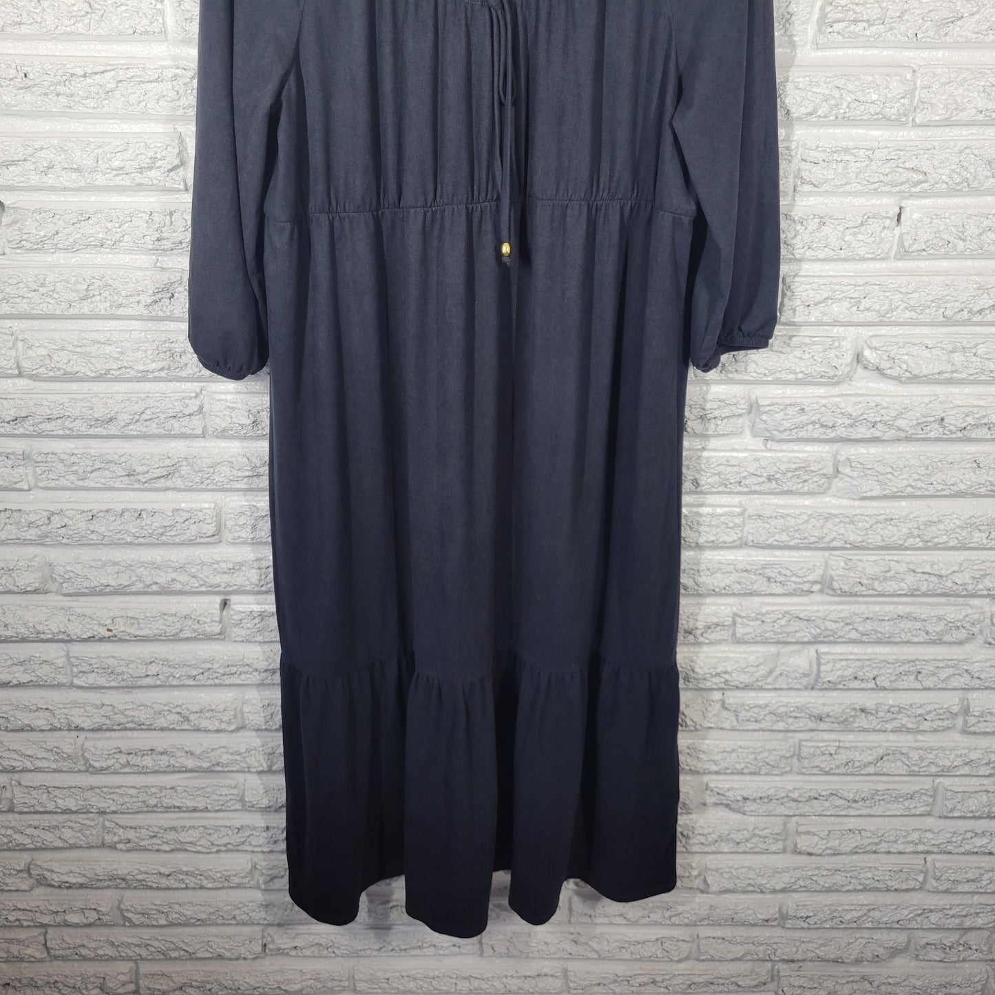 Slinky Brand Dress 1X Black Ruffle Boat Neck 3/4 Sleeve Midi Travel BLA120E