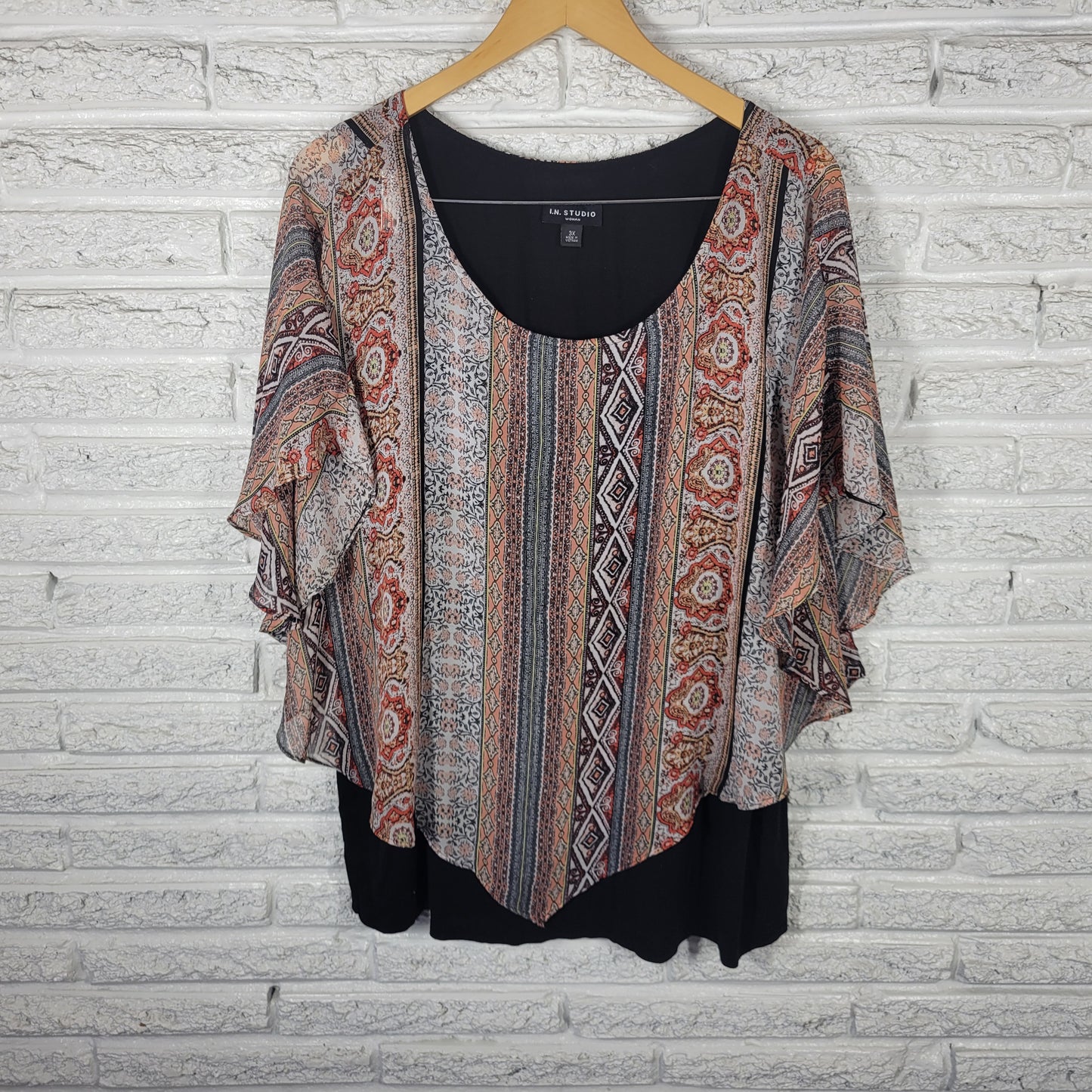 I.N. Studio 3X Women's Tunic Geometric Kimono Sleeve Multicolor Pullover GEO275E