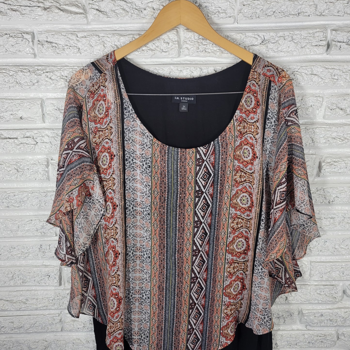 I.N. Studio 3X Women's Tunic Geometric Kimono Sleeve Multicolor Pullover GEO275E