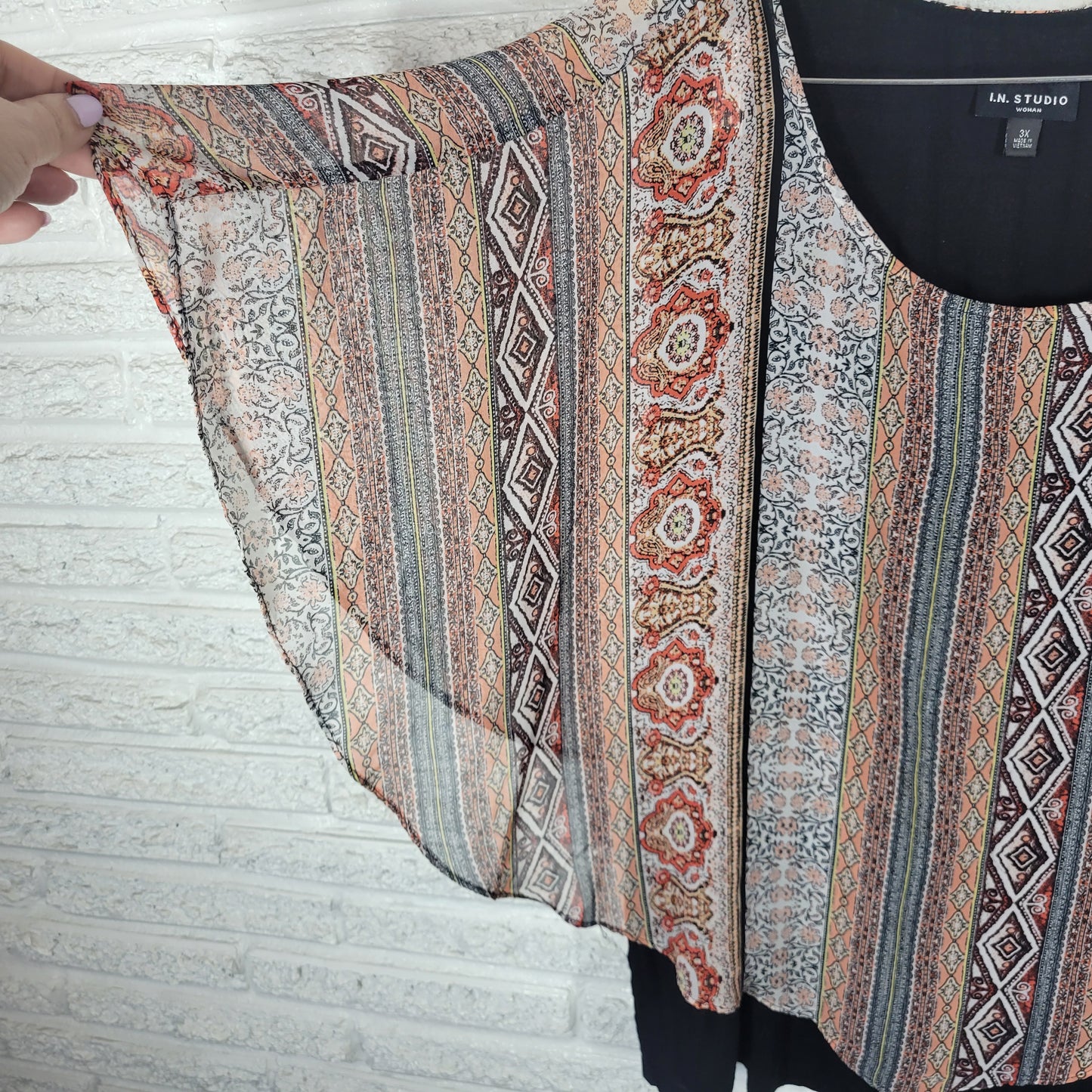 I.N. Studio 3X Women's Tunic Geometric Kimono Sleeve Multicolor Pullover GEO275E