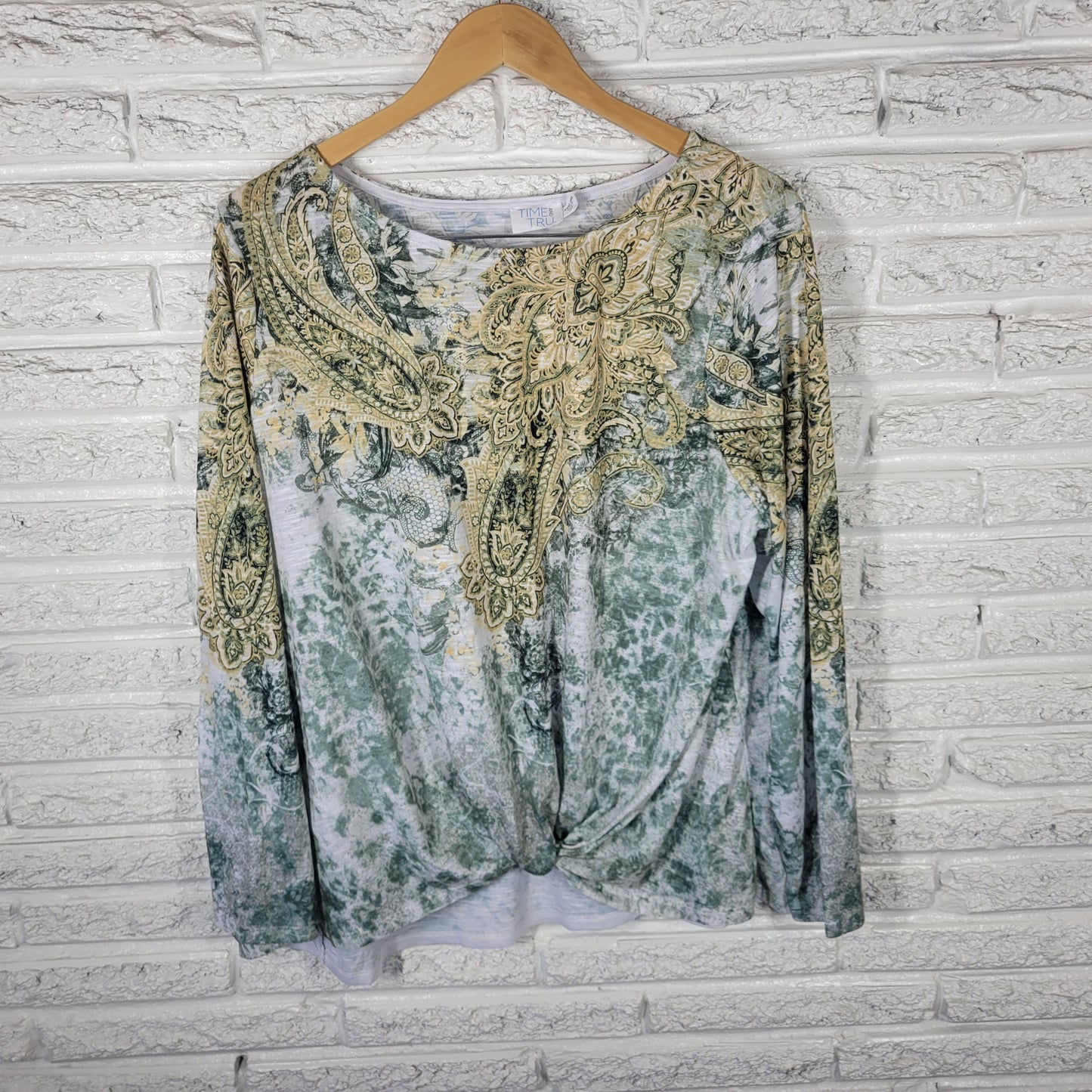 Time & Tru Women's XXXL 22 Tee Green Paisley Rhinestone Long Sleeve Plus PAI6E