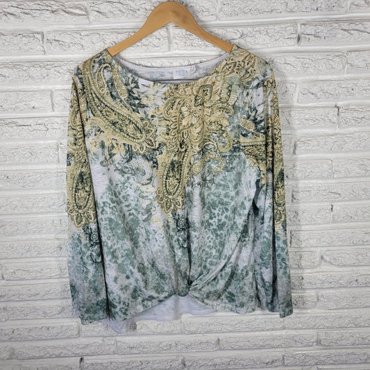 Time & Tru Women's XXXL 22 Tee Green Paisley Rhinestone Long Sleeve Plus PAI6E