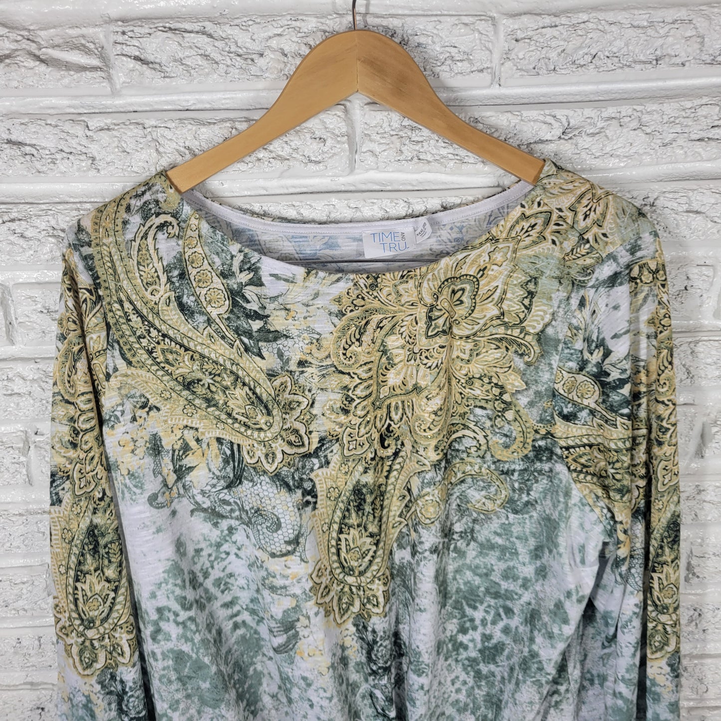 Time & Tru Women's XXXL 22 Tee Green Paisley Rhinestone Long Sleeve Plus PAI6E